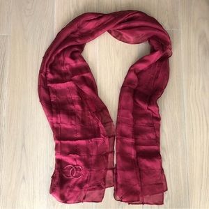 Chanel Silk Long Scarf Maroon Red Grid CC Logo Sheer | Authentic Designer